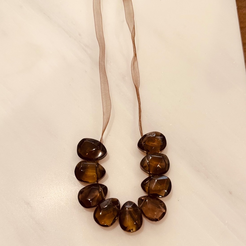 Natural Smoky Quartz Heart Shape Faceted Briolette on Brown Sheer Ribbon